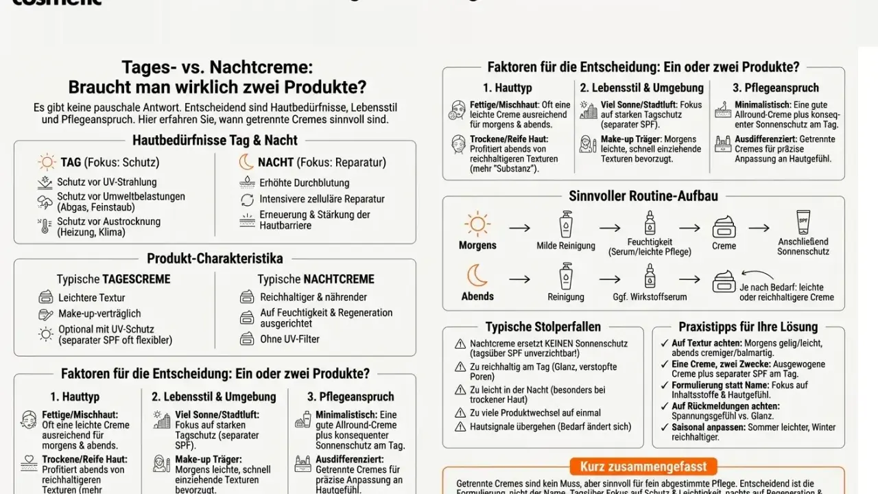 Die Grafik erklärt die Unterschiede zwischen Tages- und Nachtcreme. Eine gute gesichtspflege routine berücksichtigt Hauttyp und Bedürfnisse.