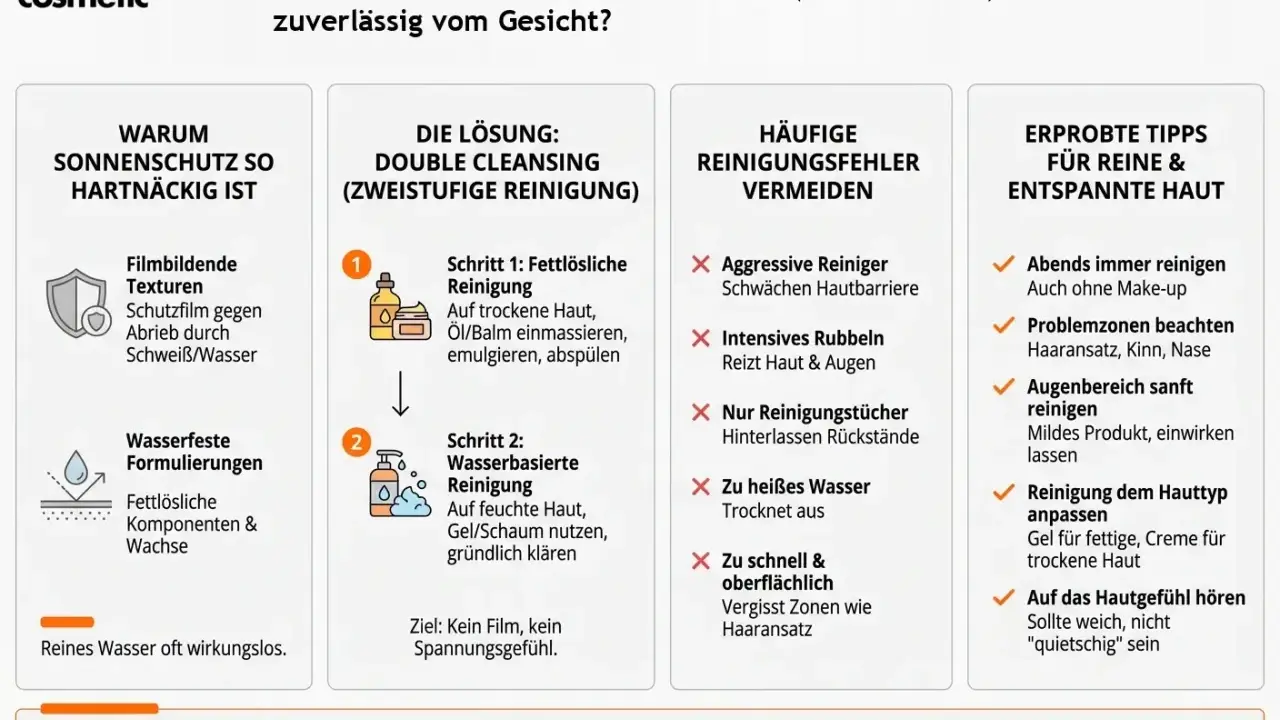 Sonnencreme muss man abwaschen. Die Grafik zeigt, warum Sonnenschutz hartnäckig ist und wie man ihn mit Double Cleansing entfernt.