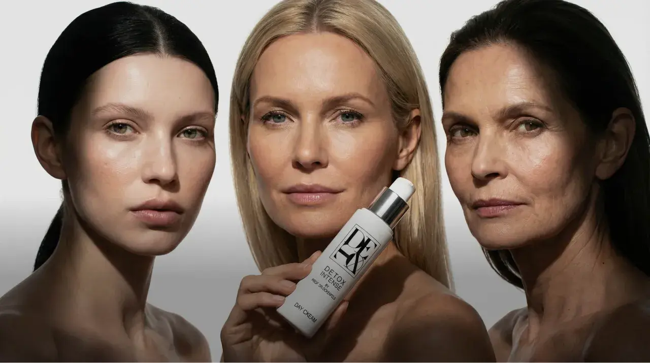 Drei Frauen unterschiedlichen Alters präsentieren eine Creme zur Hautentgiftung.