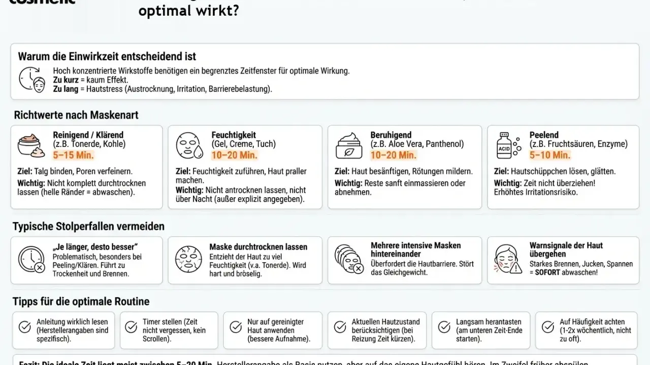 Die ideale Einwirkzeit für Gesichtsmasken liegt meist zwischen 5-20 Min. Je nach Maskentyp (z.B. peelend 5-10 Min., feuchtigkeitsspendend 10-20 Min.) variiert die Dauer.