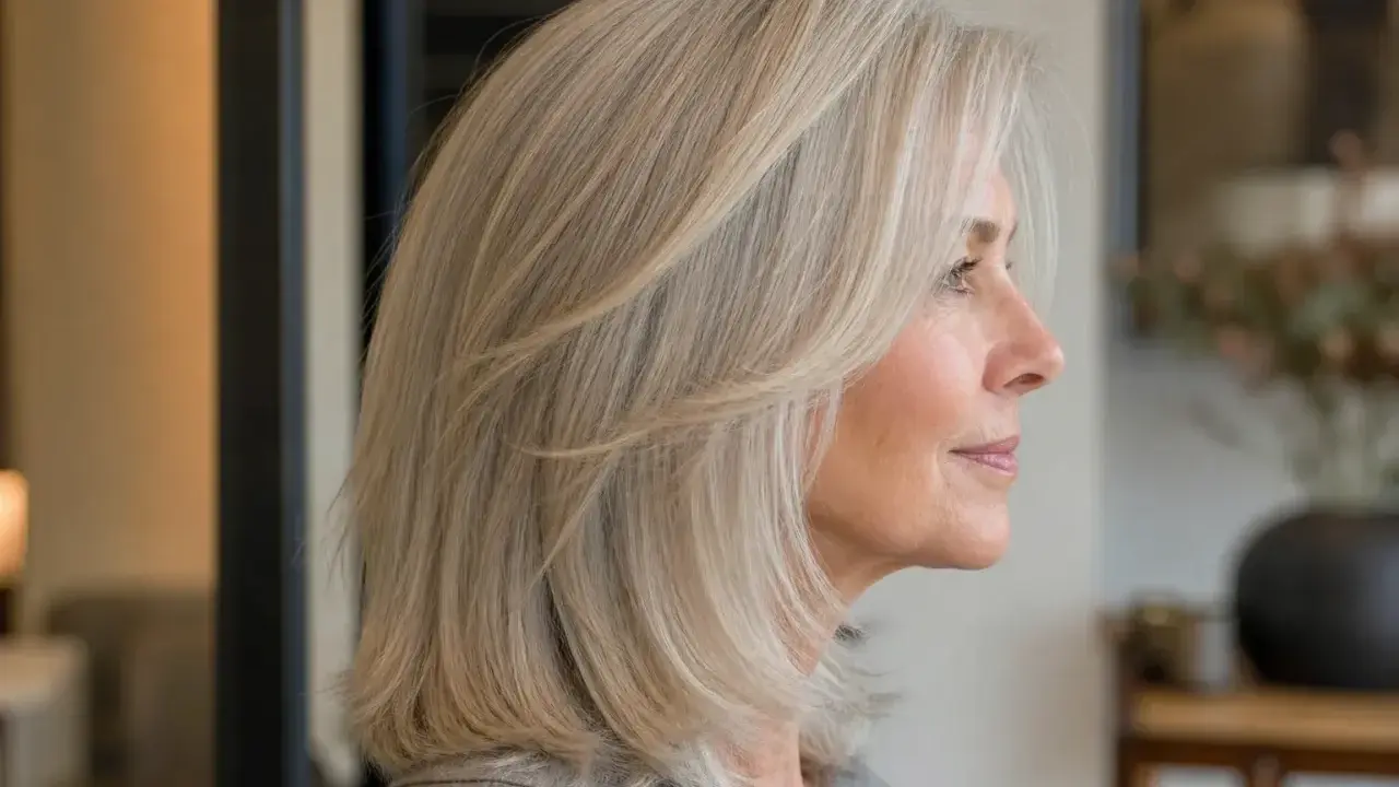 Frau mit blondem Haar, das einen Butterfly Cut trägt, ungestylt und natürlich fallend.
