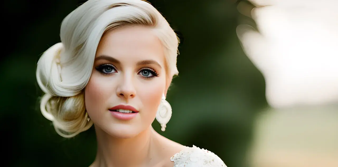 Eine Braut mit elegantem Haar und strahlendem Blick, die zeigt, wie man Braut Make-up selber machen kann.