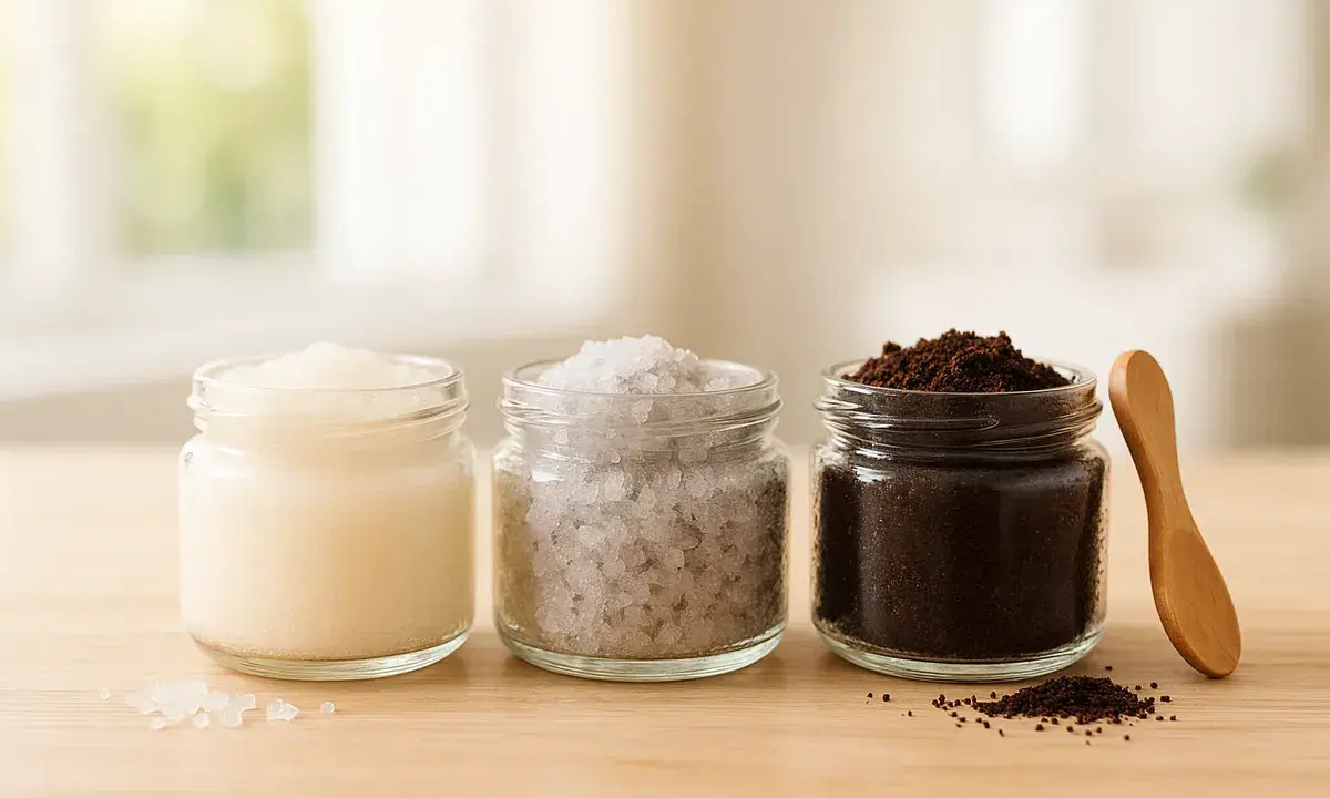 Drei Gläser mit Zutaten für ein Peeling selber machen trockene Haut: eine cremige Masse, Salzkristalle und Kaffeesatz.