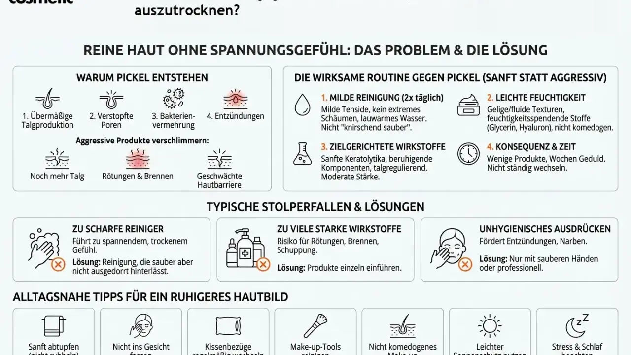 Sanfte Reinigung, leichte Feuchtigkeit und gezielte Wirkstoffe helfen gegen Pickel, ohne die Haut auszutrocknen. Vermeide aggressive Produkte und unhygienisches Ausdrücken.