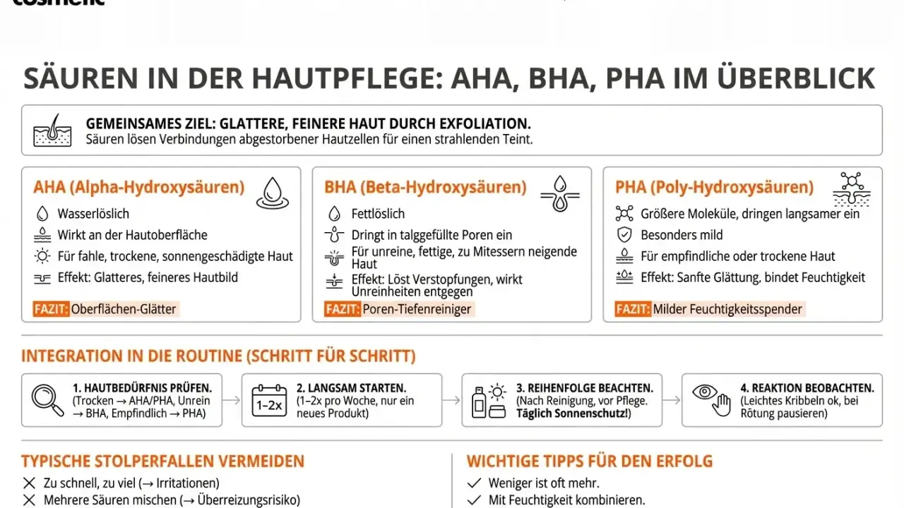Infografik erklärt AHA, BHA, PHA Säuren für die Hautpflege. AHA für Oberflächenglätte, BHA für Poren-Tiefenreinigung, PHA als milder Feuchtigkeitsspender. Aha, bha, pha – die richtige Wahl für strahlende Haut.
