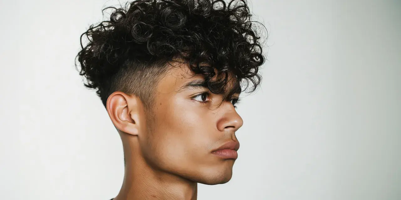 Ein junger Mann mit vollen, dunklen locken haare jungs. Sein Haar ist oben länger und lockig, während die Seiten kurz geschnitten sind.