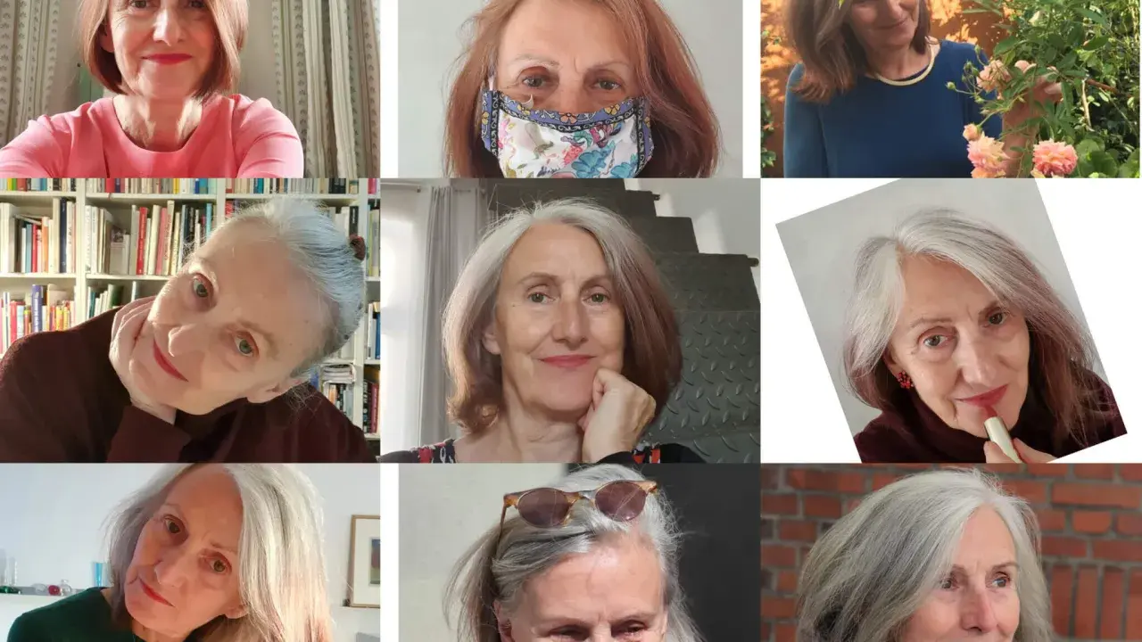 Frau mit grauen Haaren, die sie rauswachsen lässt, lächelt in verschiedenen Szenarien.