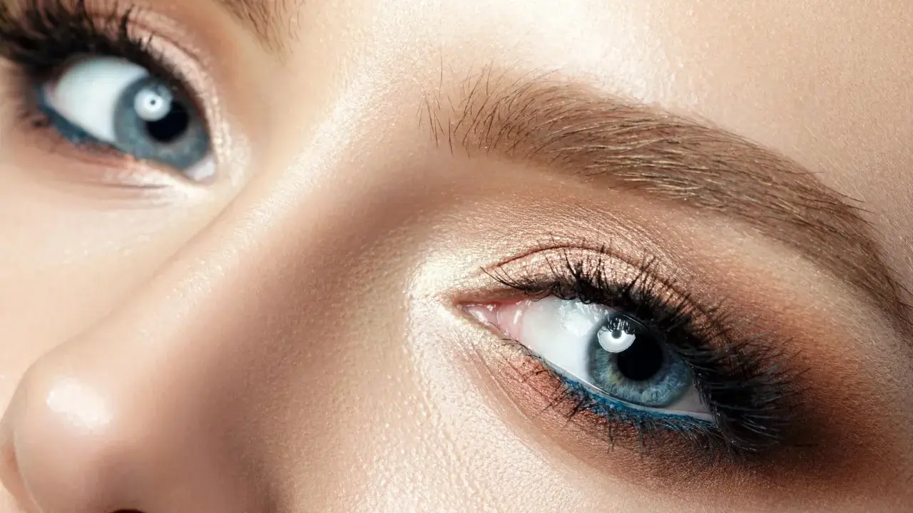 Nahaufnahme eines Gesichts, das die Augen betont. Blaue Augen strahlen lassen durch geschicktes Make-up mit braunen und blauen Akzenten.
