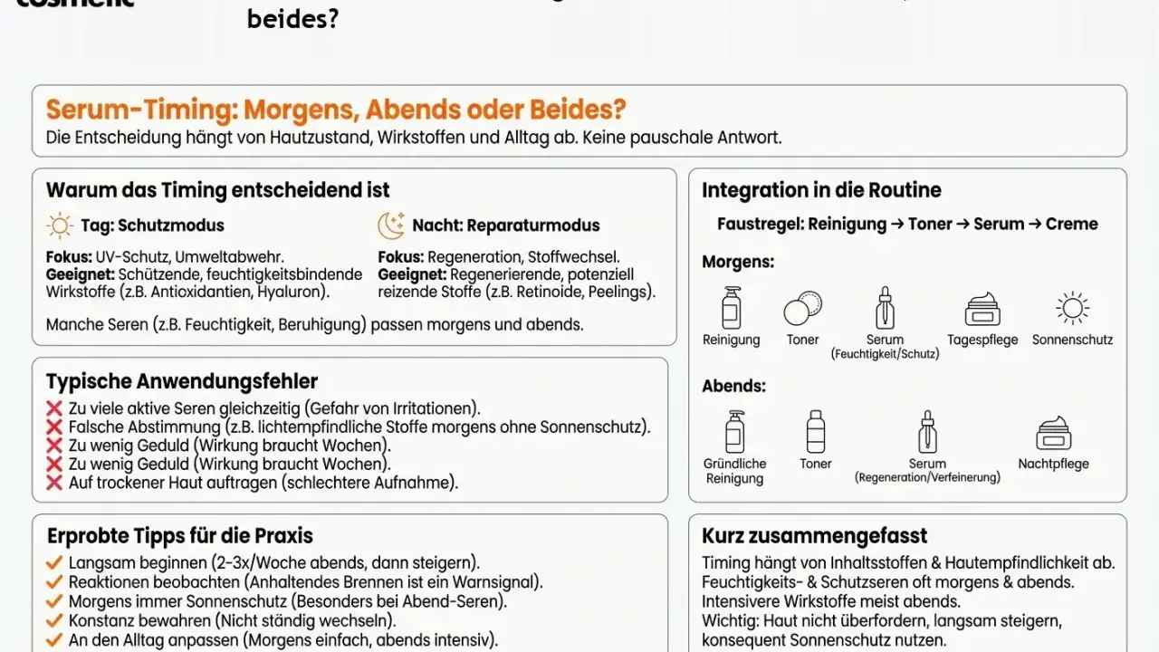 Hyaluron Serum morgens oder abends? Feuchtigkeits- und Schutzseren passen oft morgens und abends. Intensivere Wirkstoffe meist abends.