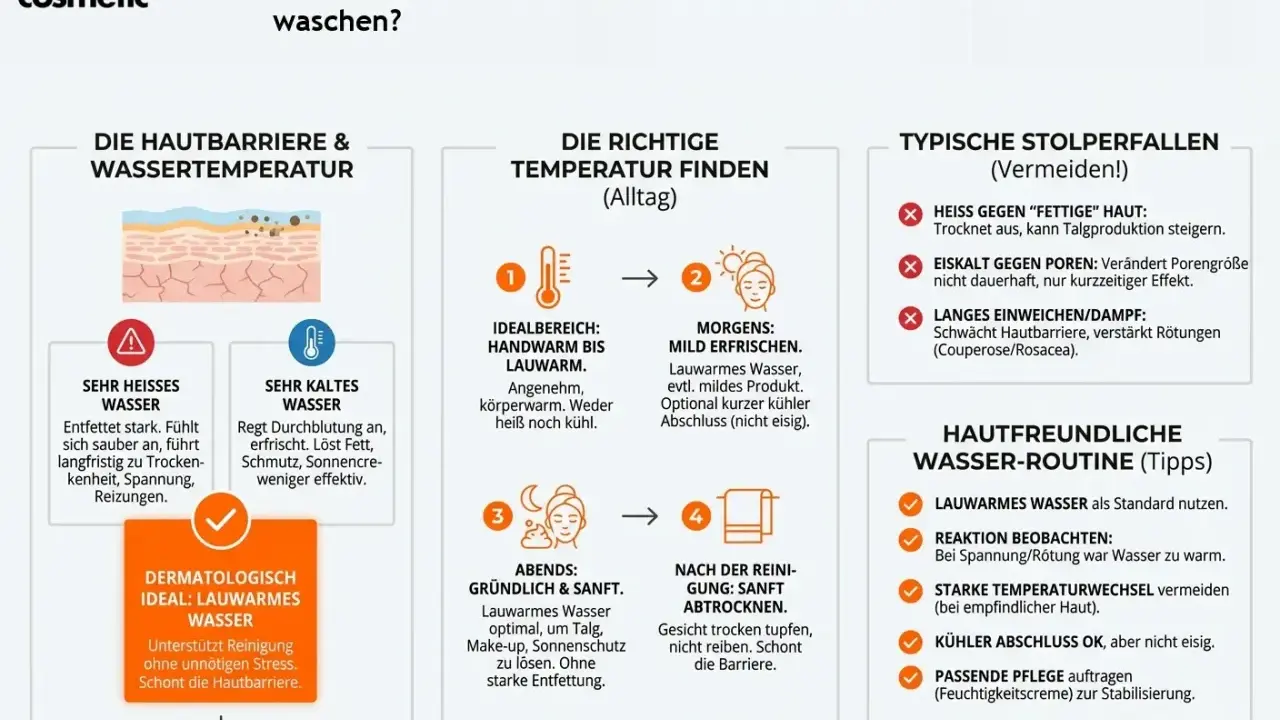 Lauwarmes Wasser ist ideal zum Gesicht reinigen. Es schont die Hautbarriere und unterstützt die Reinigung ohne Stress.
