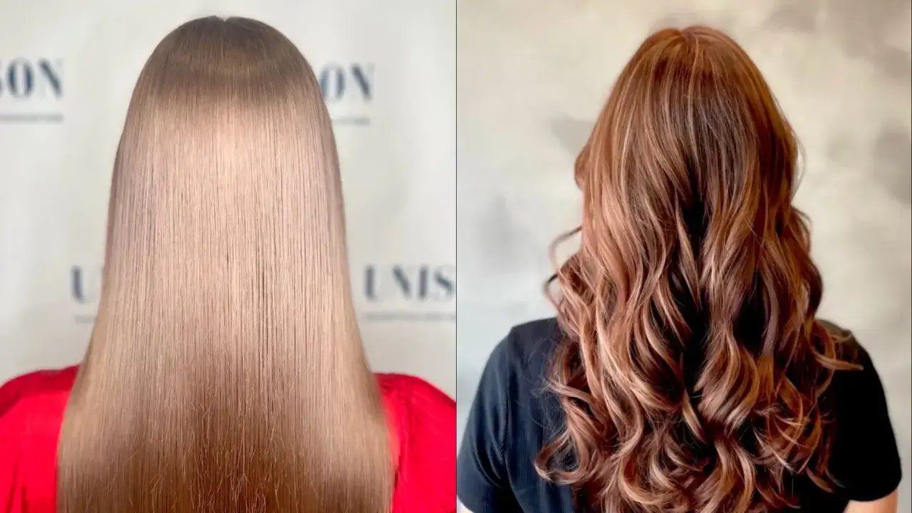 Vorher-Nachher-Vergleich: Glattes, hellbraunes Haar wird zu voluminösen, kupferfarbenen Wellen. Was ist Glossing? Ein Hauch von Farbe und Glanz.