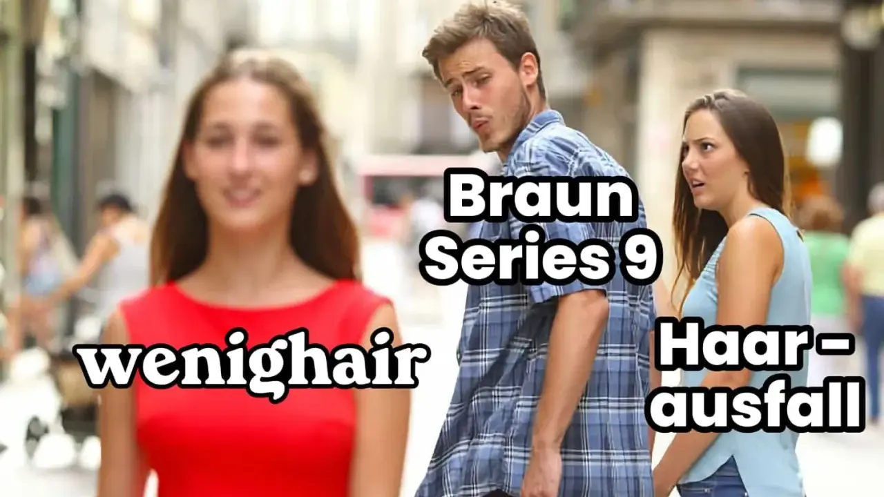 Mann schaut Frau mit "wenighair" an, während seine Freundin mit "Haarausfall" und dem Braun Series 9 Rasierer unzufrieden ist.