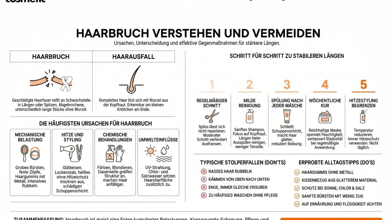 Was tun bei Haarbruch? Die Grafik erklärt Ursachen wie mechanische Belastung und Hitze, sowie Schritte zur Stabilisierung: regelmäßiger Schnitt, milde Reinigung, Spülung, Kur und Hitzeschutz.