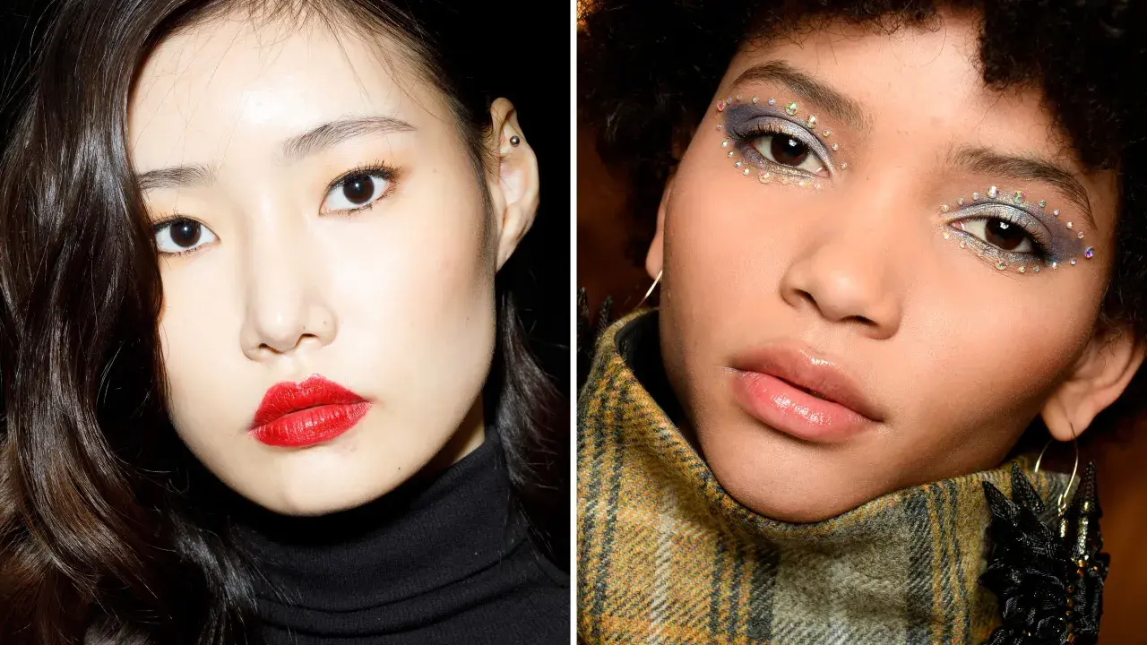 Zwei Gesichter: Einmal mit klassischem roten Lippenstift, einmal mit funkelndem Lidschatten und Steinchen. Perfekt für weihnachts make up einfach.