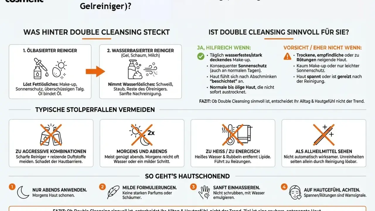 Double Cleansing: Ölreiniger löst Fett, Wasserreiniger entfernt Wasserlösliches. Sinnvoll bei Make-up & Sonnenschutz. Vorsicht bei empfindlicher Haut.