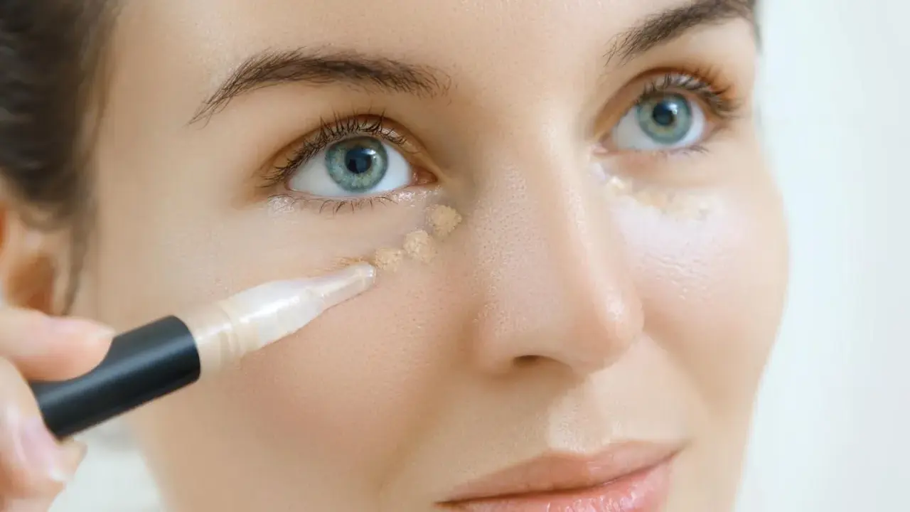 Frauenhand trägt Concealer auf, um Falten zu kaschieren. So gelingt das Concealer richtig auftragen bei Falten.