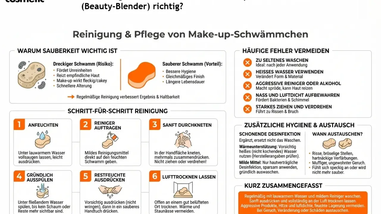 Schritt-für-Schritt-Anleitung: Make-up-Schwamm reinigen. Lauwarmes Wasser, mildes Mittel, sanft kneten, ausdrücken, lufttrocknen lassen.