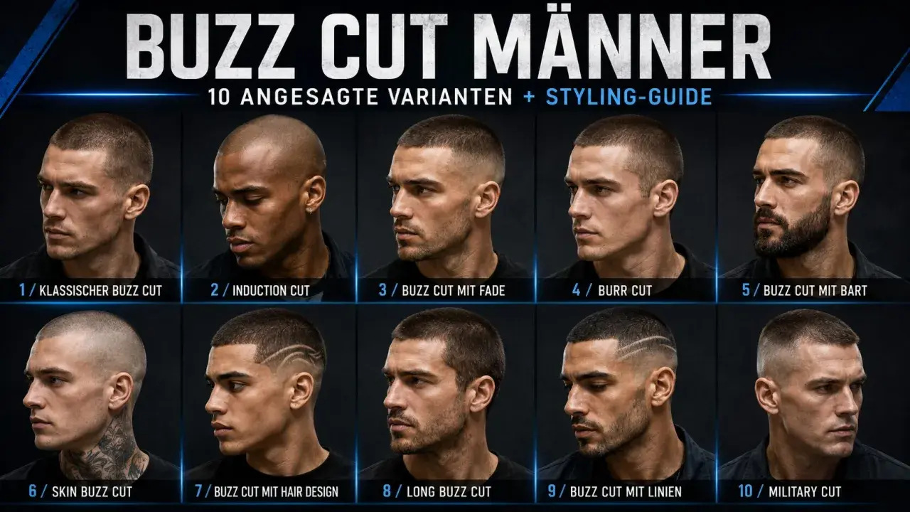 Zehn Männer mit verschiedenen Buzz Cut Frisuren, von kurz bis etwas länger, wie dem "Long Buzz Cut".