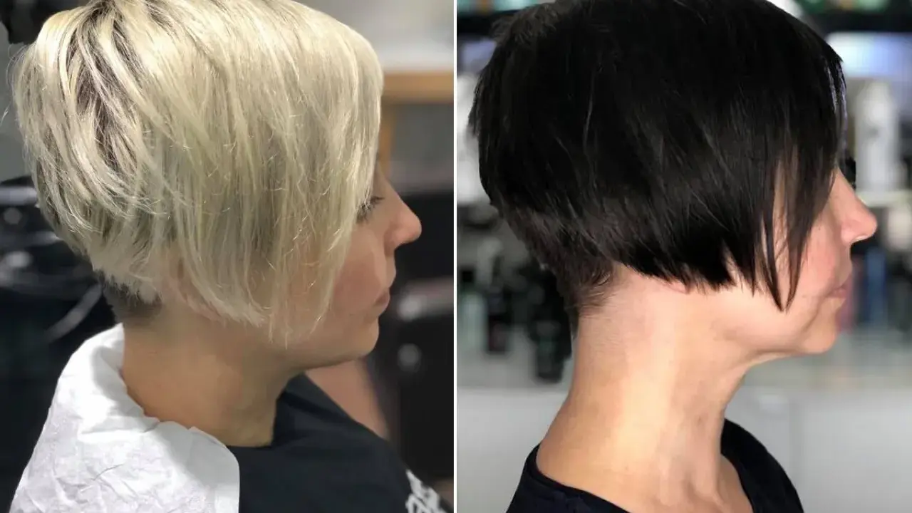 Zwei Frauen mit modernen kurzhaarfrisuren, einmal blond, einmal schwarz.