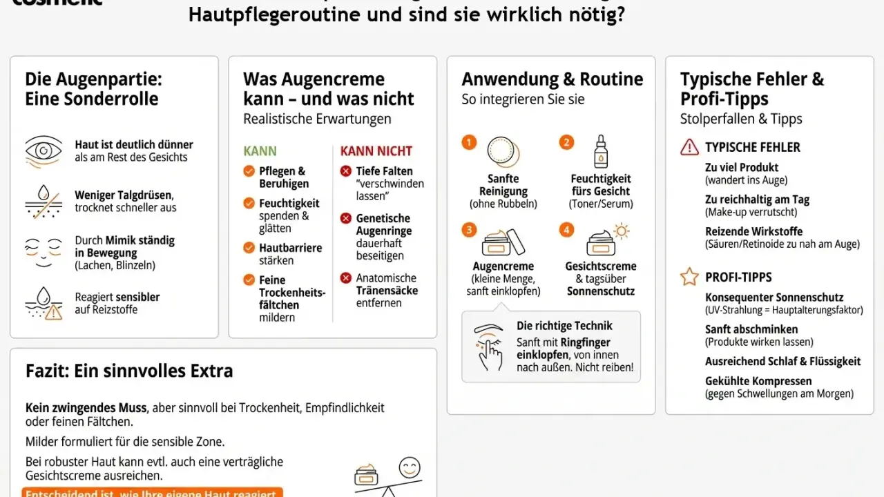 Augencreme ist sinnvoll bei Trockenheit, Empfindlichkeit oder feinen Fältchen. Sie pflegt, beruhigt und stärkt die Hautbarriere. Die richtige Anwendung ist entscheidend.