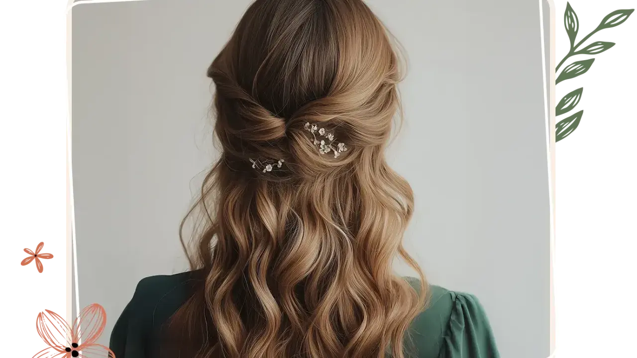 Elegante Frisur für Hochzeitsgäste: Halbhochgestecktes Haar mit sanften Wellen und zarten Blüten-Haarnadeln.