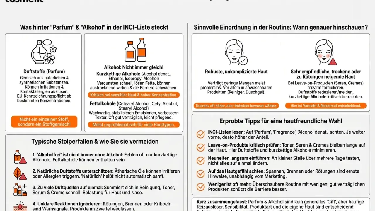Alkohol denat. gut oder schlecht? Kurzkettige Alkohole können reizen, Fettalkohole sind oft unkritisch. Bei empfindlicher Haut auf reizarme Optionen achten.
