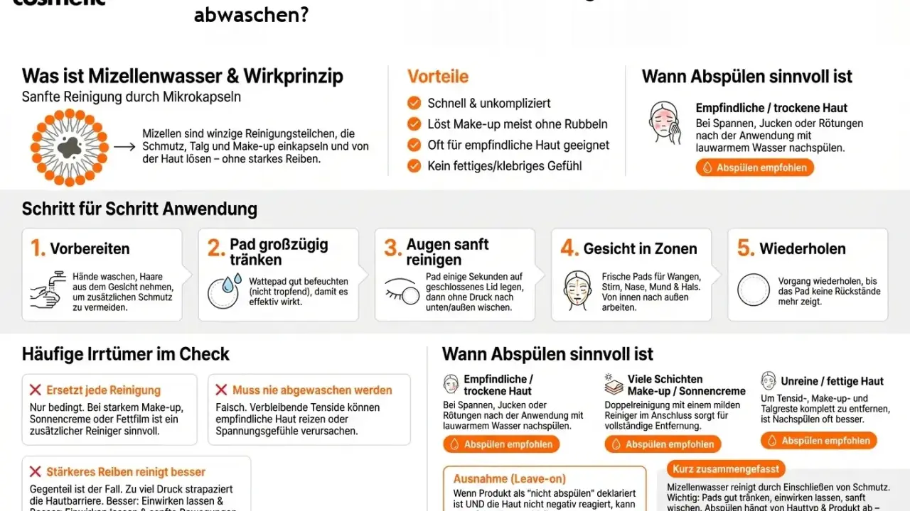 Mizellenwasser reinigt sanft durch Mikrokapseln. Es löst Schmutz & Make-up. Abspülen ist je nach Hauttyp sinnvoll.