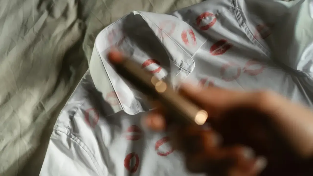 Ein weißes Hemd mit vielen roten Lippenstiftabdrücken. Eine Hand hält einen Lippenstift, um die Spuren zu entfernen.