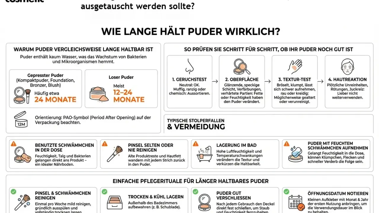 Puder ist lange haltbar, wenn es trocken gelagert wird. So erkennst du, ob die Haltbarkeit von Kosmetik abgelaufen ist.