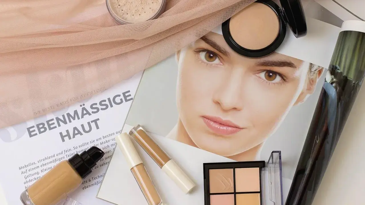 Make-up für ebenmäßige Haut: Foundation, Concealer, Puder und Konturpalette liegen bereit.