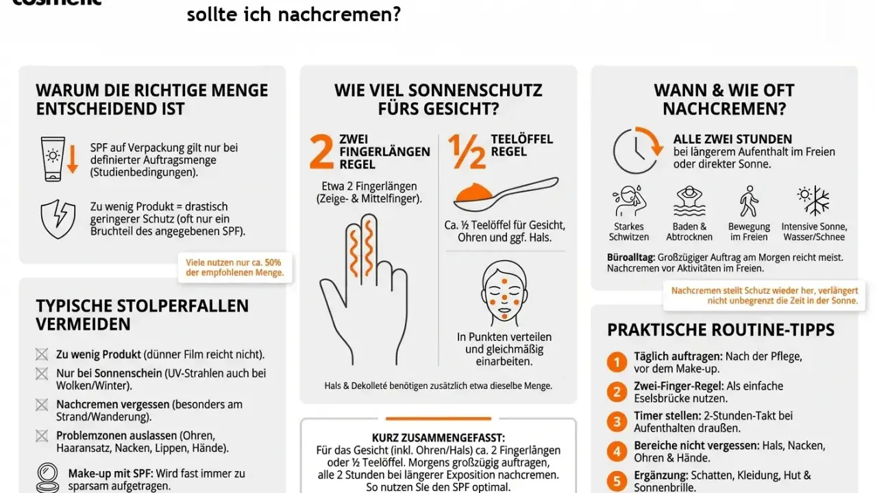 Die Grafik erklärt, wie viel Sonnencreme fürs Gesicht nötig ist: 2 Fingerlängen oder ½ Teelöffel. Regelmäßiges Nachcremen ist wichtig.