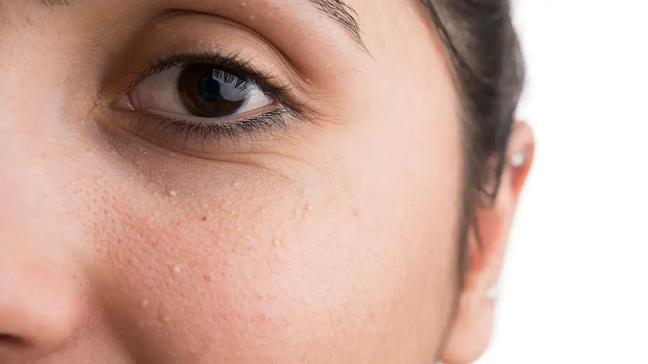 Nahaufnahme eines Gesichts mit sichtbaren Milien unter dem Auge.