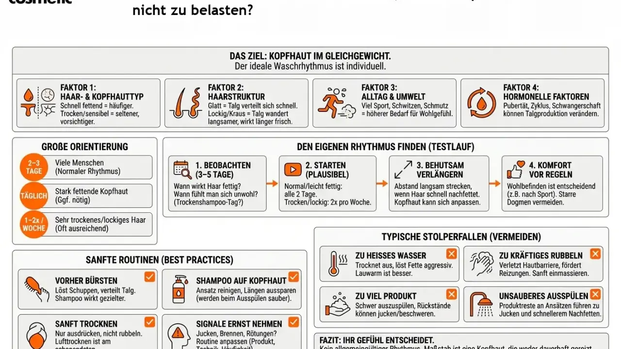 Die Grafik erklärt, wie oft Haare waschen, um die Kopfhaut nicht zu belasten. Sie berücksichtigt Faktoren wie Haartyp, Struktur, Alltag und Hormone.