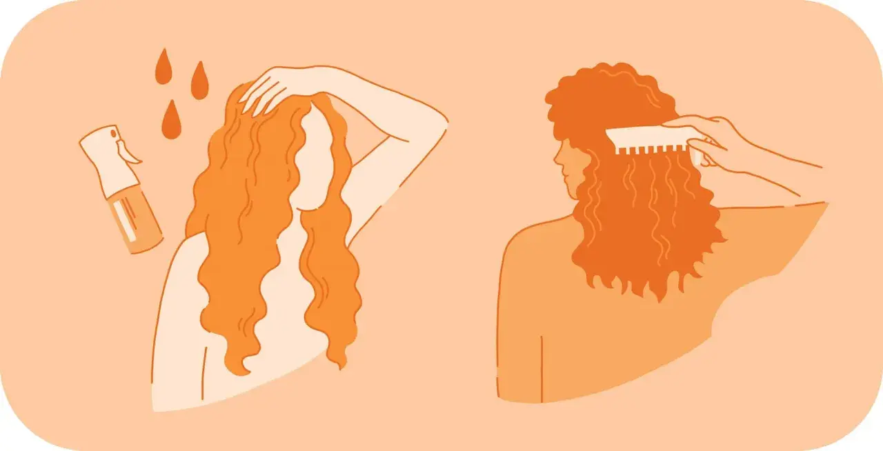 Frau sprüht ihr Haar ein und kämmt es, um Locken zu stylen.