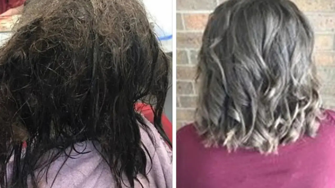 Vorher: stark verfilzte Haare. Nachher: glänzendes, gewelltes Haar.