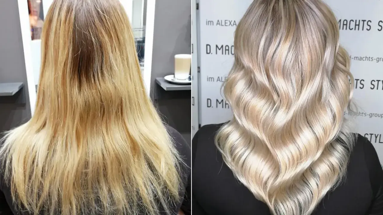 Vorher/Nachher: Blondierung mit Gelbstich korrigiert zu kühlem Blond.