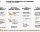 Sonnencreme muss man abwaschen. Die Grafik zeigt, warum Sonnenschutz hartnäckig ist und wie man ihn mit Double Cleansing entfernt.