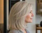 Frau mit blondem Haar, das einen Butterfly Cut trägt, ungestylt und natürlich fallend.