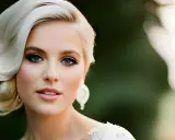 Eine Braut mit elegantem Haar und strahlendem Blick, die zeigt, wie man Braut Make-up selber machen kann.