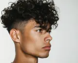 Ein junger Mann mit vollen, dunklen locken haare jungs. Sein Haar ist oben länger und lockig, während die Seiten kurz geschnitten sind.