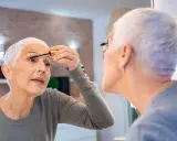 Frau über 60 schminkt sich die Wimpern, um Schlupflider zu kaschieren. Ein Tipp für ein strahlendes Augen-Make-up.