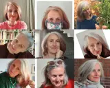 Frau mit grauen Haaren, die sie rauswachsen lässt, lächelt in verschiedenen Szenarien.