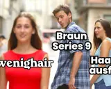 Mann schaut Frau mit "wenighair" an, während seine Freundin mit "Haarausfall" und dem Braun Series 9 Rasierer unzufrieden ist.