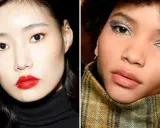 Zwei Gesichter: Einmal mit klassischem roten Lippenstift, einmal mit funkelndem Lidschatten und Steinchen. Perfekt für weihnachts make up einfach.
