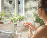 Frau besprüht Hände mit Wasser. Die Frage "wie oft Gesicht waschen" steht auf einem Zettel am Spiegel.