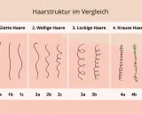 Vergleich von Haarstrukturen: glatt, wellig, lockig und kraus. Ein Haarstruktur Test zeigt die Unterschiede.