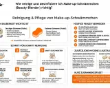 Schritt-für-Schritt-Anleitung: Make-up-Schwamm reinigen. Lauwarmes Wasser, mildes Mittel, sanft kneten, ausdrücken, lufttrocknen lassen.
