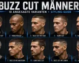 Zehn Männer mit verschiedenen Buzz Cut Frisuren, von kurz bis etwas länger, wie dem "Long Buzz Cut".
