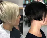 Zwei Frauen mit modernen kurzhaarfrisuren, einmal blond, einmal schwarz.