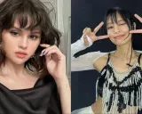 Zwei Frauen mit auffälligen Frisuren: Eine mit zerzaustem Bob und **wispy bangs**, die andere mit geflochtenen Zöpfen und Pony.